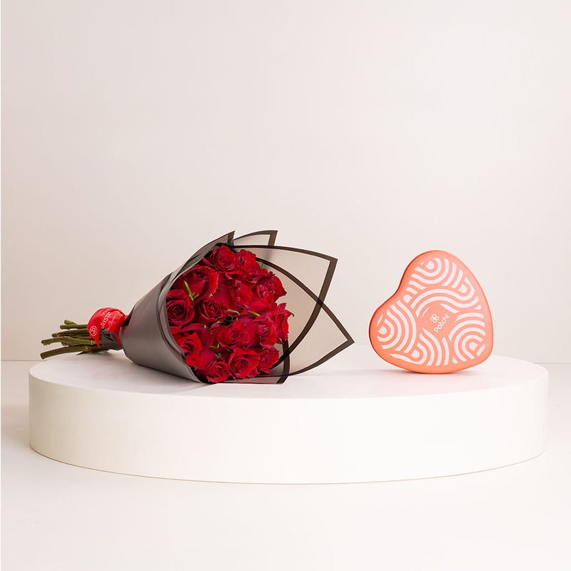 Patchi Tin Box of 22 Pieces | Red Roses Hand Bouquet