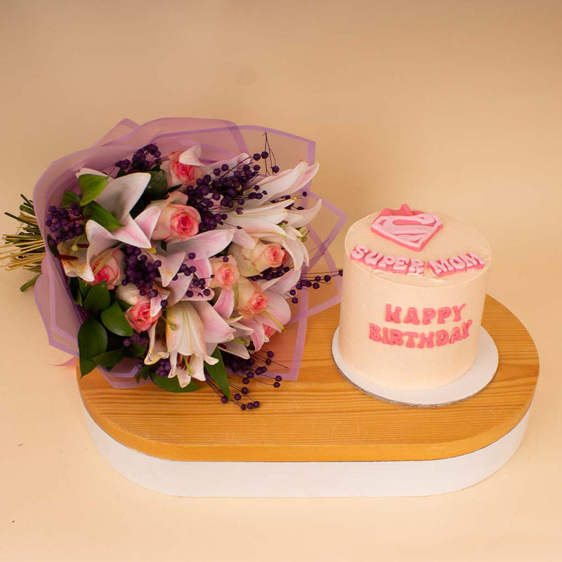 Ninos Super Mom Cake & Pink Roses & Lilies Bouquet