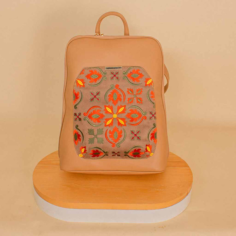 Pavo Laptop Bag with Floral Embroidery - Beige
