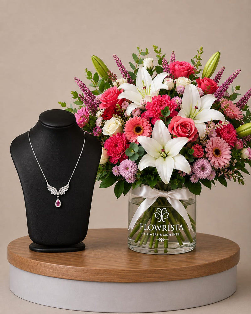 Silvara Angel Wing Necklace & Grand Mixed Flower Flowrista Vase