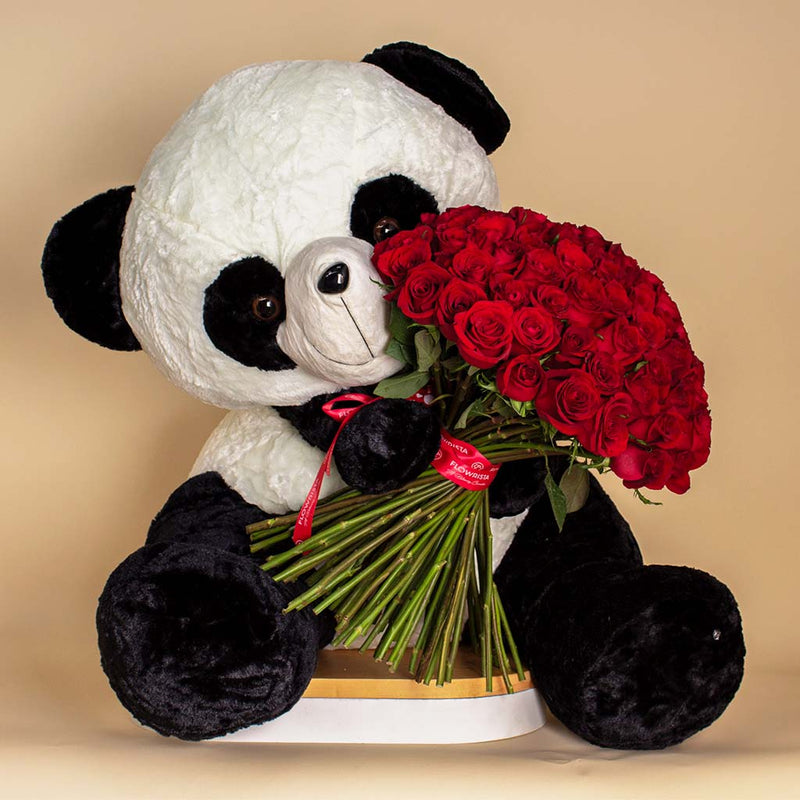 Teddy Bear with 100 Red Roses