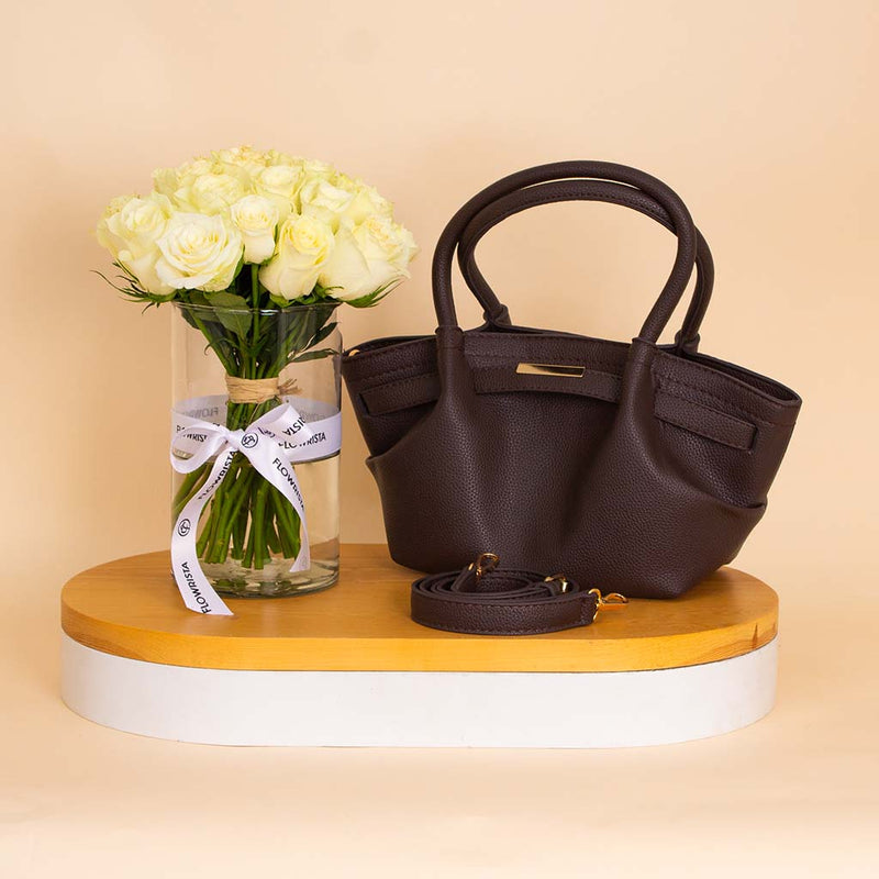 Alamki Alice Bag Brown & White Roses Vase