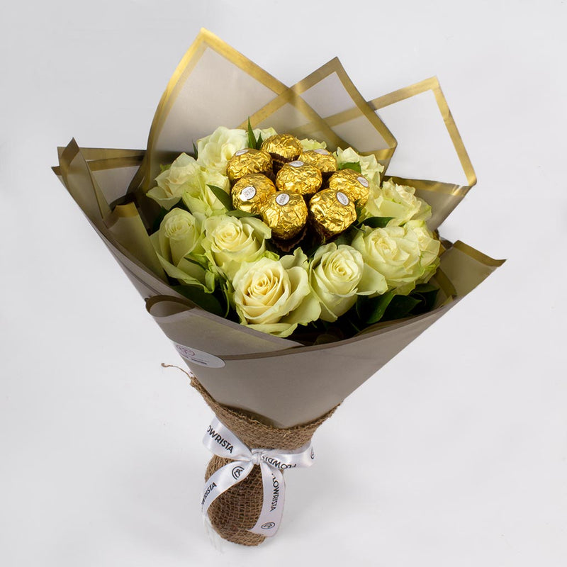Bouquet of White Roses & Ferrero Rocher Chocolates