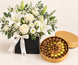 Mini Bitifur Chocolate Box with Flowrista White Flower Arrangement