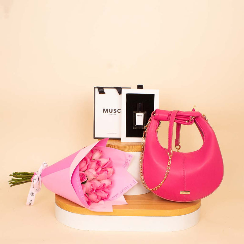 Alamki Bella Fuchsia Bag & MUSC Oud Musc Perfume with Pink Roses Bouquet