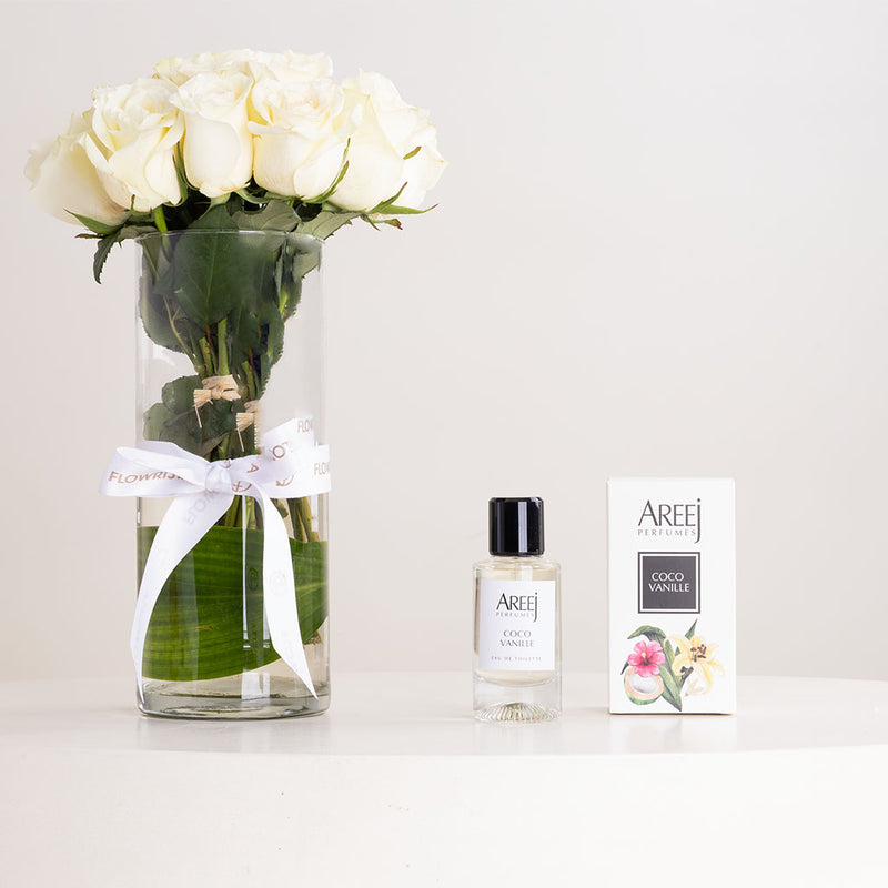 Areej Coco Vanille Eau de Toilette 50ml & White Roses Vase
