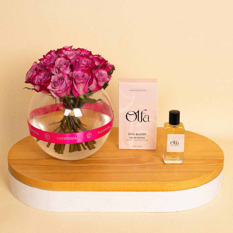 Olfa Diva Bloom | Perfume & Bowl Vase with 20 Purple Flowers