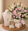 Silvara Angel Wing Necklace & Round Solitaire Ring with Pink Rose & Oriental Lily Vase