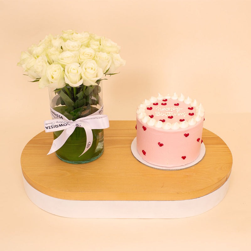 Ninos Heart-Dotted Birthday Cake & 15 White Roses Vase