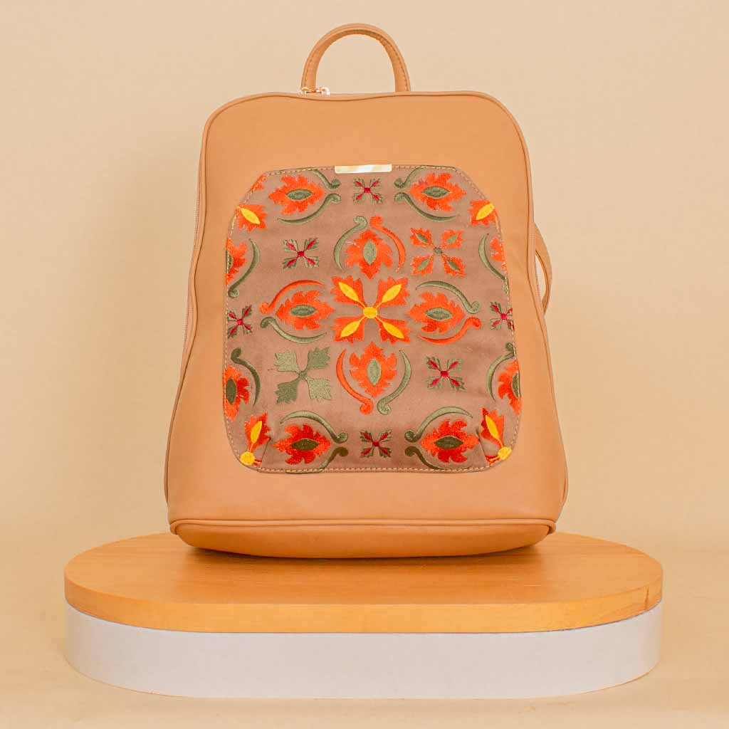 Pavo Laptop Bag with Floral Embroidery - Beige