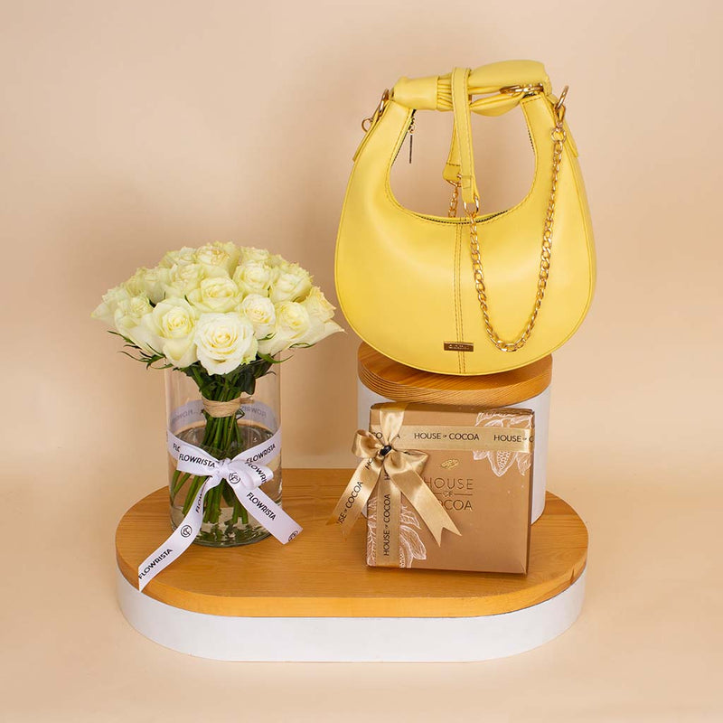 Alamki Bella Yellow Bag & White Roses Vase & House of Cocoa Chocolate Box