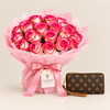 ALDO Illori brown wristlet wallet beside a Flowrista pink-edged rose bouquet