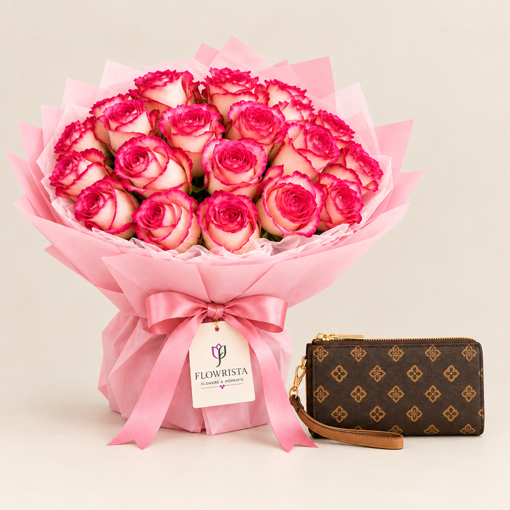 ALDO Illori brown wristlet wallet beside a Flowrista pink-edged rose bouquet