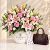 Flowrista pink rose and lily arrangement with ALDO Katheryn brown satchel gift set