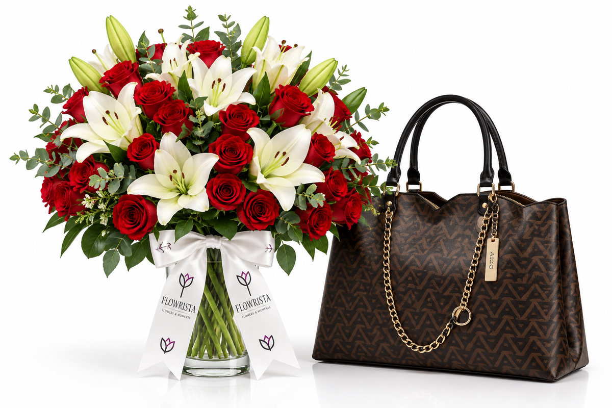 A large flower bouquet with red roses, white lilies, and green foliage in a glass vase with a white Florista ribbon, next to a brown patterned handbag with black handles and a gold chain strap on a white background.