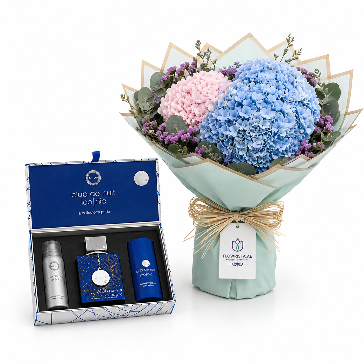 Armaf Club de Nuit Iconic 4PC Gift Set & Blue & Pink Hydrangea Bouquet