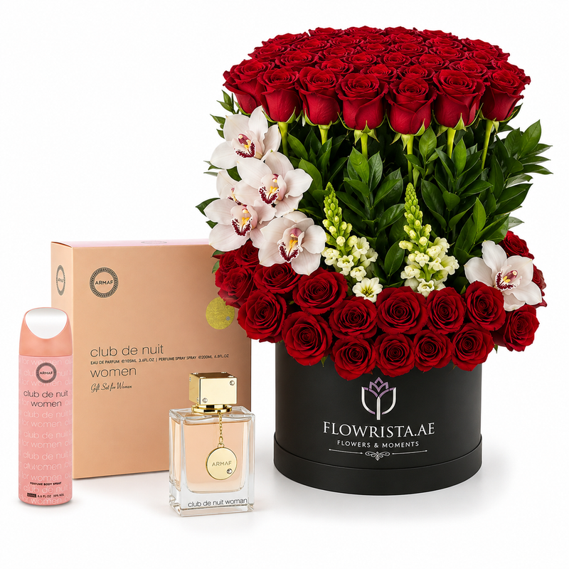 A luxury gift set featuring a massive bouquet of 108 red roses in a black round box, accompanied by a pink shower gel bottle, a clear perfume bottle with a gold cap, and a peach-colored gift box with 'club de nuit women' branding, all on a white background.