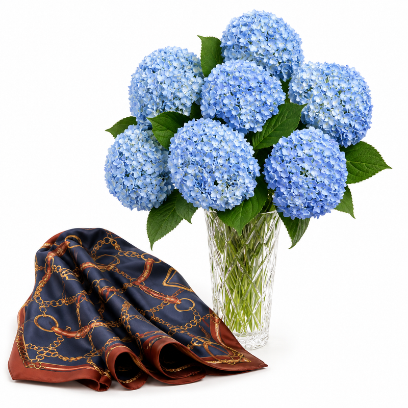 Mango Navy Chain-Print Scarf with Flowrista Blue Hydrangeas Crystal Vase