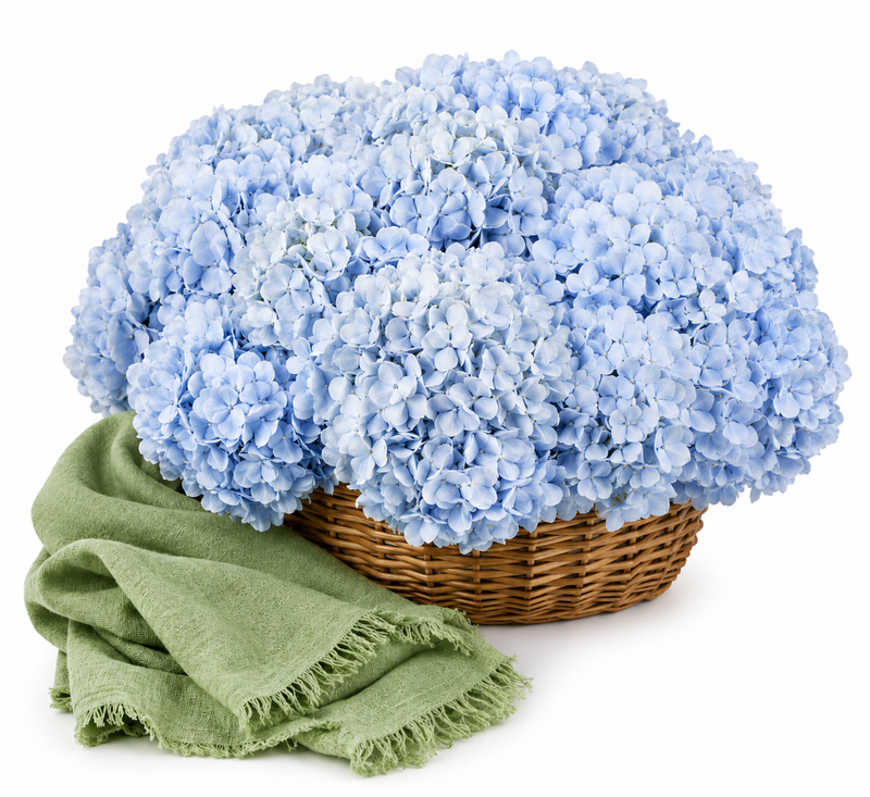 Mango Green Cotton Scarf with Flowrista Blue Hydrangeas Basket