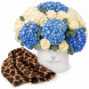 Mango Chocolate Leopard Print Foulard with Flowrista Blue & White Hydrangeas Hat Box