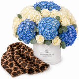 Mango Chocolate Leopard Print Foulard with Flowrista Blue & White Hydrangeas Hat Box