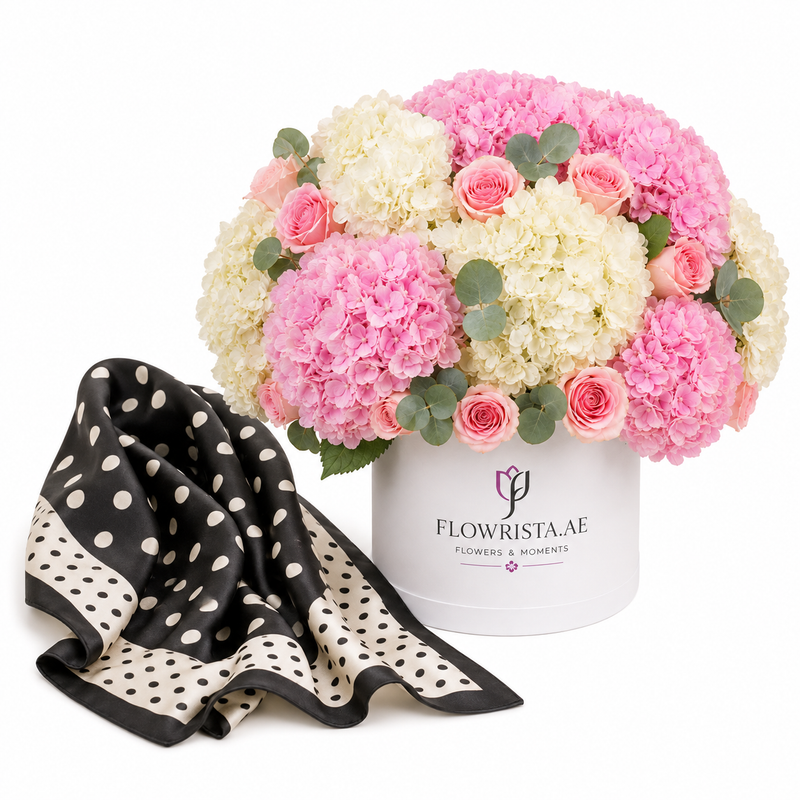 Mango Polka Dot Satin Scarf with Flowrista Pink & White Hydrangeas Hat Box