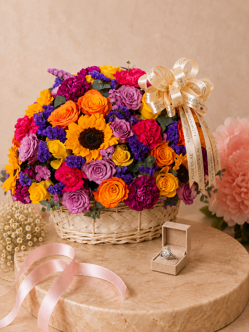 Silvara Platinum-Plated Zircon Halo Ring & Vibrant Mixed Flower Basket