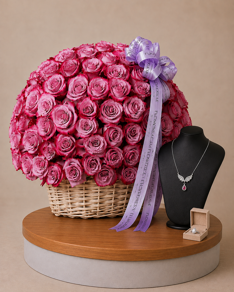 Silvara Angel Wing Necklace & Halo Ring Set with Purple Rose Basket