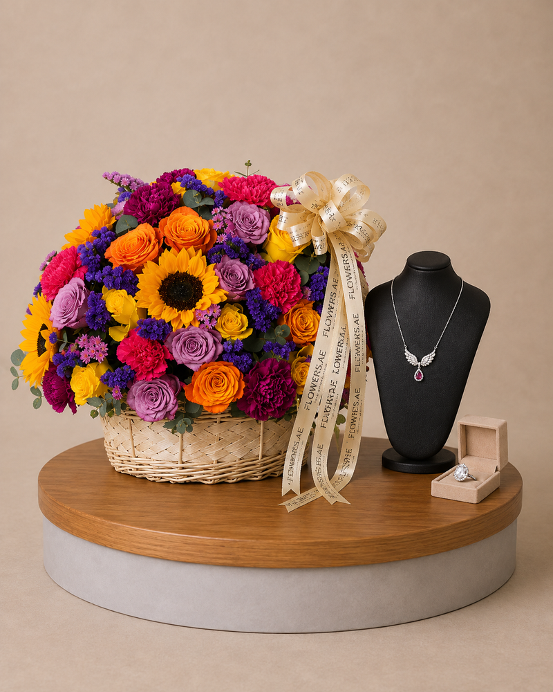 Silvara Angel Wing Necklace & Halo Ring Set with Vibrant Mixed Flower Basket