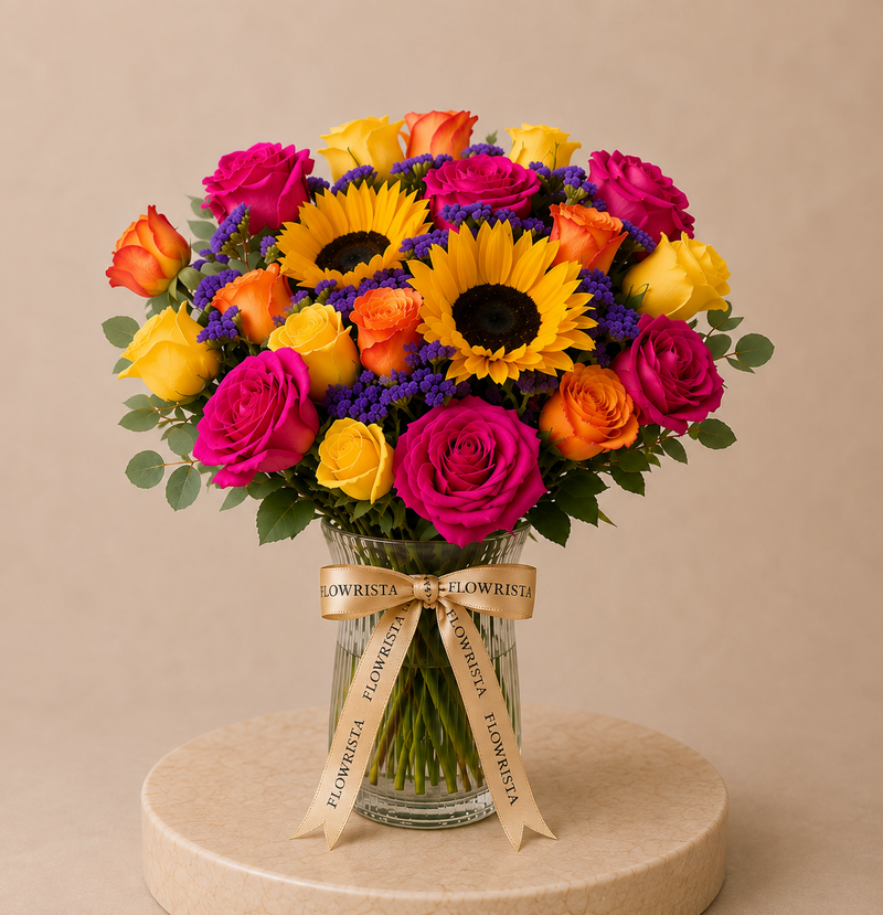 Silvara Zircon Flower Ring & Vibrant Mixed Flower Vase