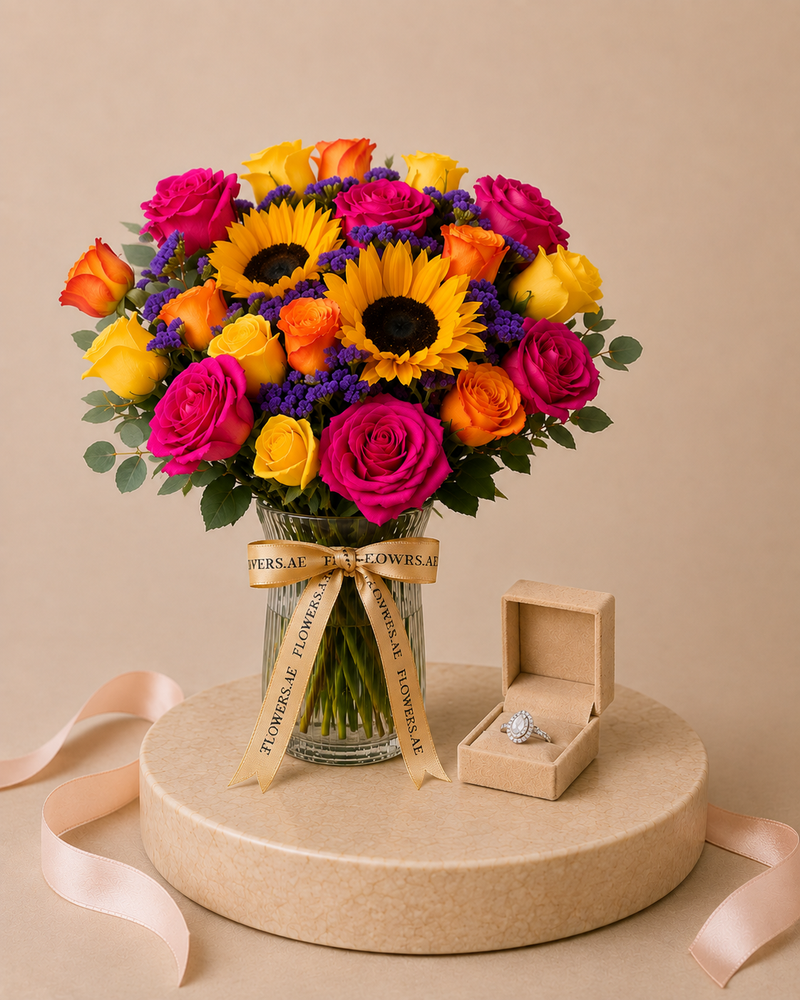 Silvara Zircon Flower Ring & Vibrant Mixed Flower Vase