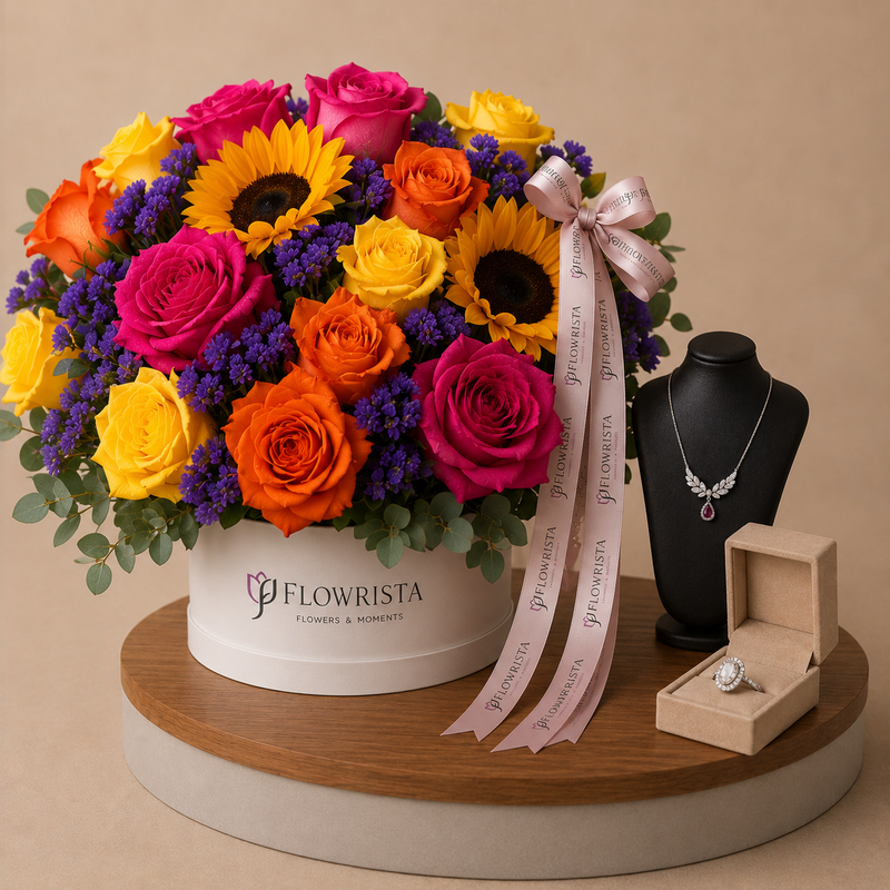 Silvara Angel Wing Necklace & Halo Ring Set with Vibrant Mixed Flower Hat Box