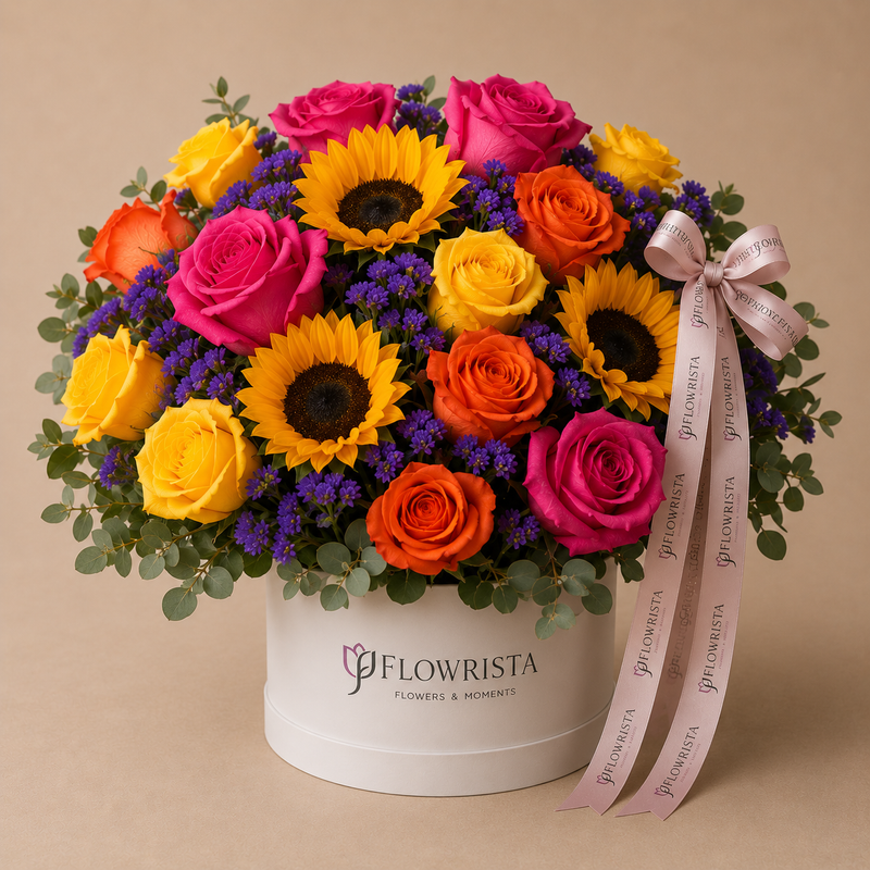 Silvara Angel Wing Necklace & Halo Ring Set with Vibrant Mixed Flower Hat Box