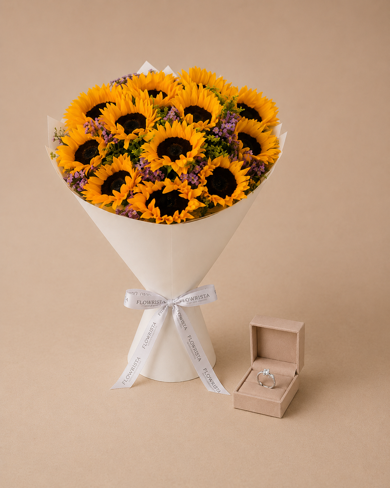 Silvara Zircon Solitaire Twisted Band Ring & Sunflower Bouquet