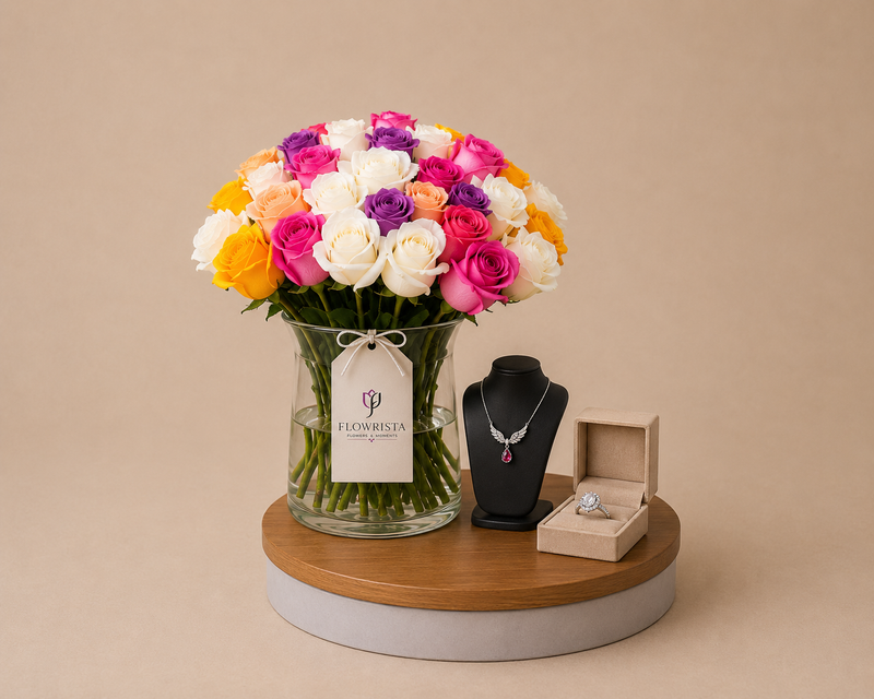Silvara Angel Wing Necklace & Halo Ring Set with Mixed Rose Vase