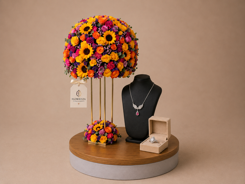 Silvara Angel Wing Necklace & Halo Ring Set with Vibrant Mixed Flower Topiary