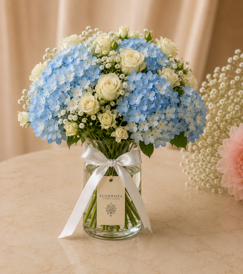 Silvara Pear-Cut Solitaire & Bow Band Ring Set with Blue Hydrangea & White Rose Vase