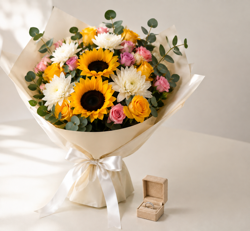 Silvara Marquise Solitaire Twisted Band Ring & Sunny Mixed Flower Bouquet