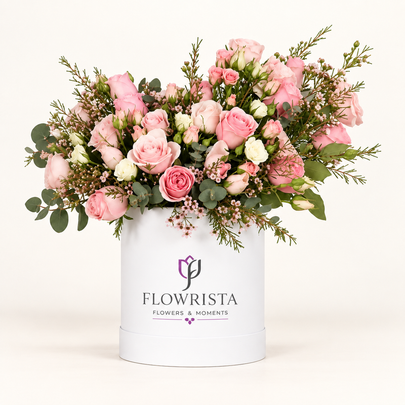 A floral arrangement of pink roses, pink lisianthus, white carnations, and green foliage presented in a white cylindrical box printed with the brand name Flowrista.