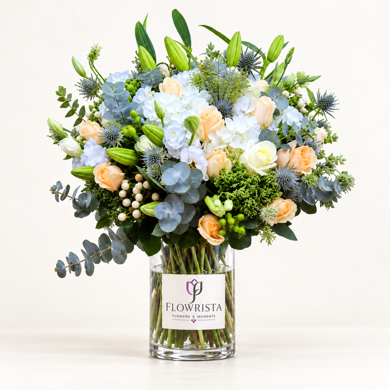 A vibrant floral arrangement in a clear glass vase with a white 'FLOWRISTA' label. The bouquet features light blue hydrangeas, peach roses, pale yellow lisianthus, green foliage, and blue thistle accents, set against a clean white background.