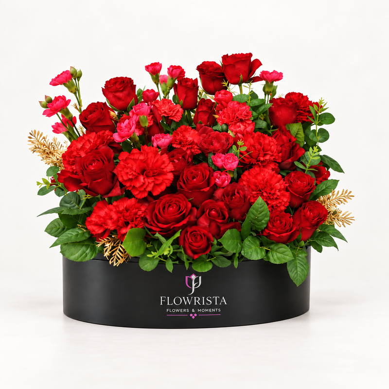 A round black flower box filled with a dense bouquet of red roses, red carnations, pink carnations, and green foliage, with small gold decorative accents. The box is branded with the logo and name 'FLOWRISTA FLOWERS & ARRANGEMENTS' on a clean white background.