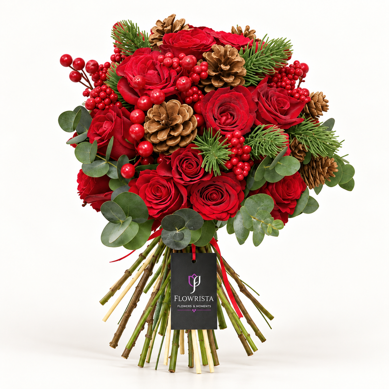 A festive Christmas floral arrangement featuring red roses, red berries, pinecones, green pine branches, and eucalyptus leaves, wrapped with a black tag from Flowrista, on a white background.