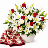 Mango Burnt Orange Floral Print Scarf with Flowrista Red Roses & White Lilies Vase