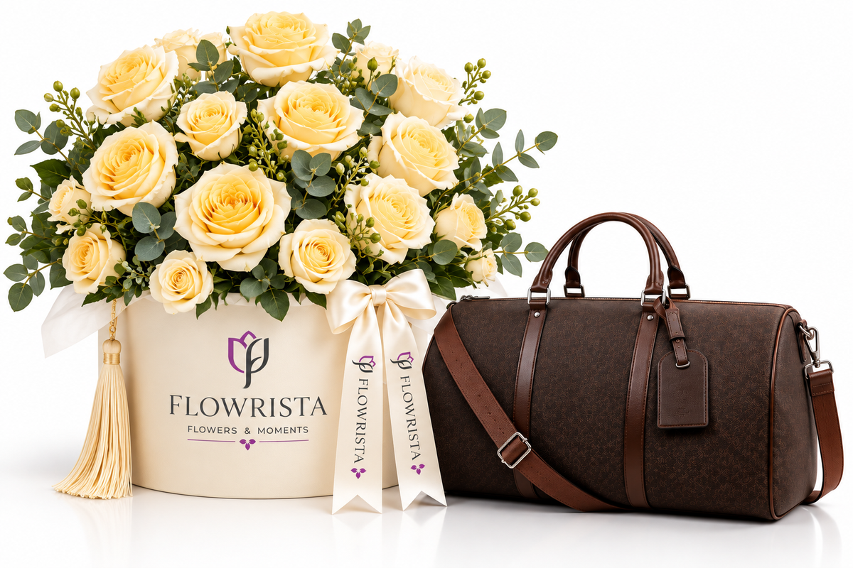 A luxury gift set featuring a large bouquet of pale yellow roses in a cream-colored round box with the 'FLOWRISTA' logo, paired with a dark brown monogram duffel bag with a matching ribbon bow.