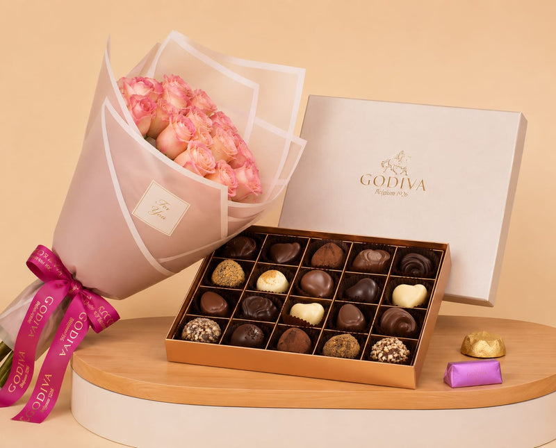 Godiva Premium Chocolate Box 765g and 15 Pink Roses