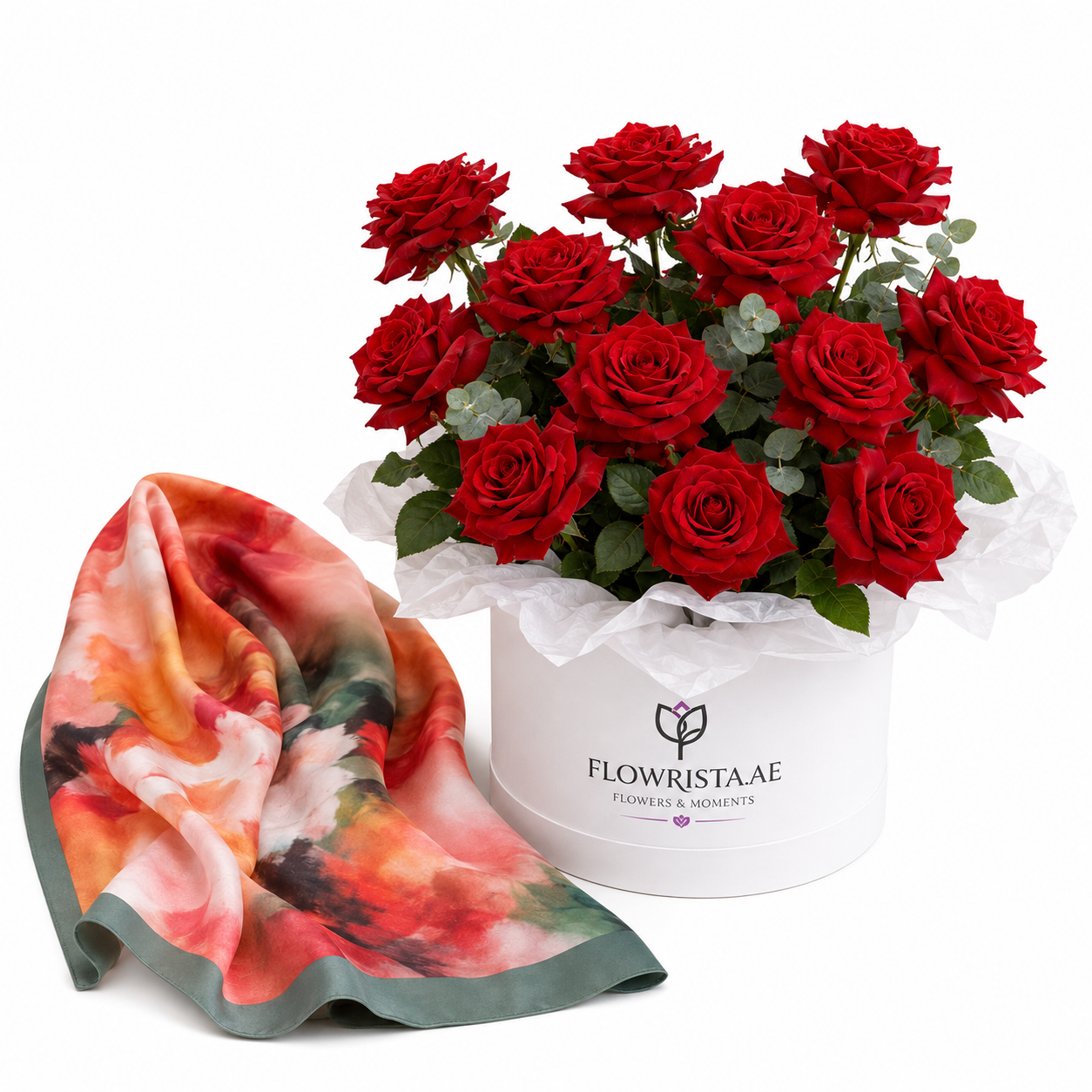 Mango Printed Satin Scarf with Flowrista Red Roses Hat Box