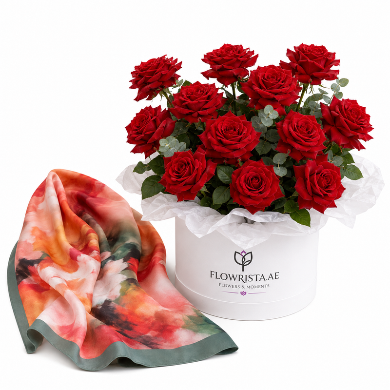 Mango Printed Satin Scarf with Flowrista Red Roses Hat Box
