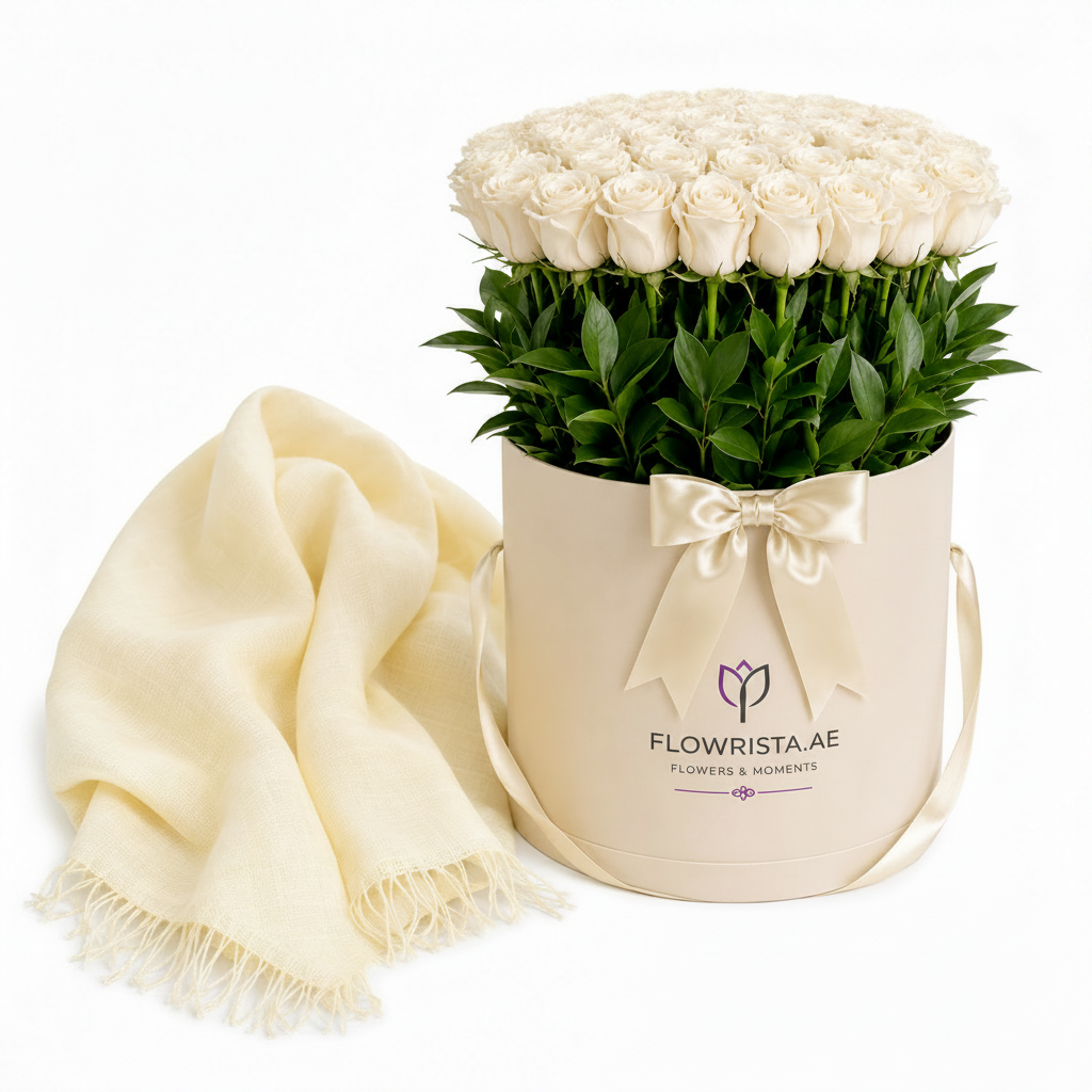 Flowrista 50 white roses beige hat box on white background