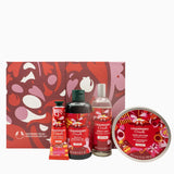 Bath, Body & Beige Cranberry Collection gift set featuring a body wash, body wash bottle, hand cream, and body butter arranged in front of a decorative gift box on a white background.