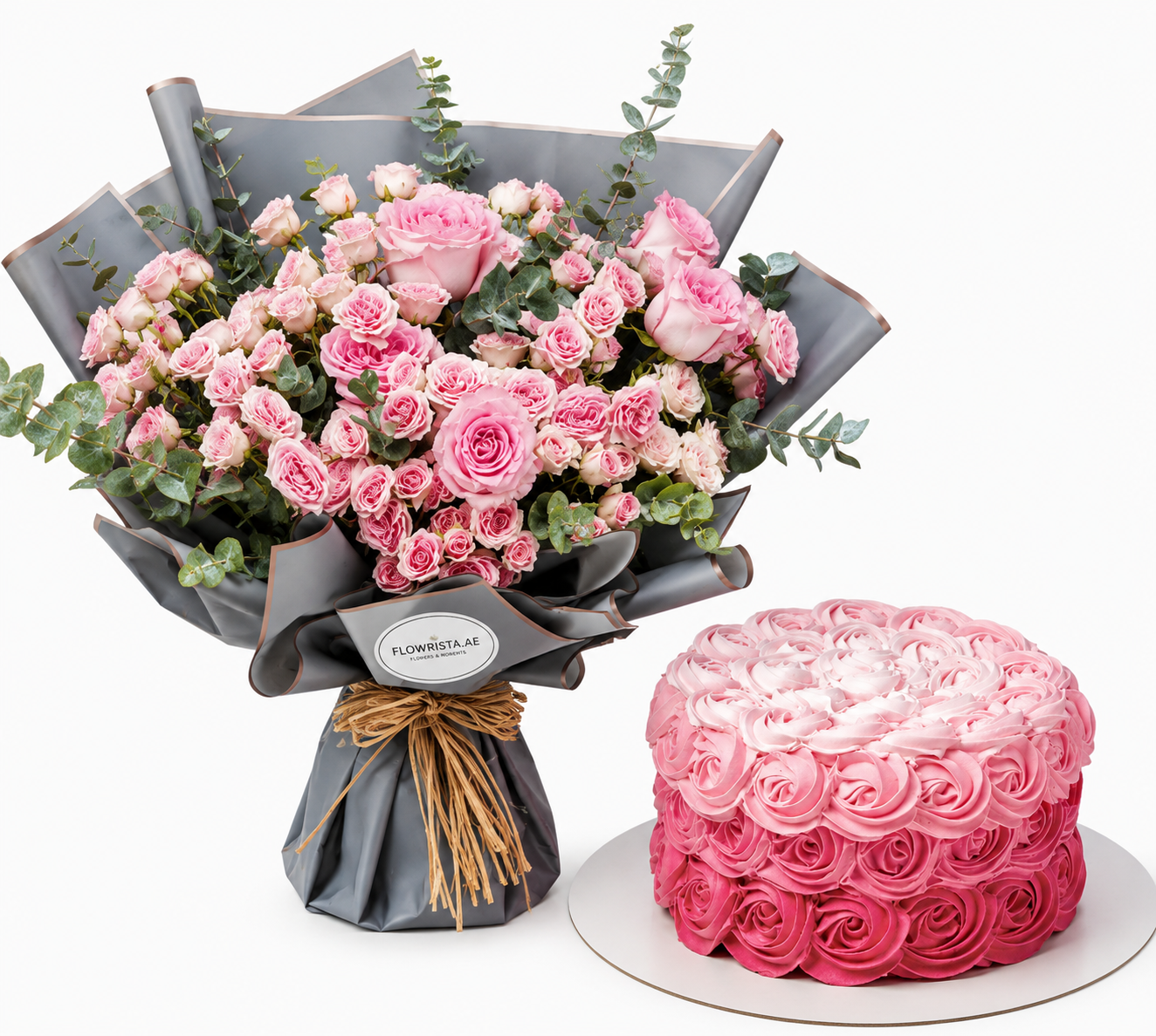Mister Baker – Pink Spray Roses Bouquet & Rose Swirl Cake